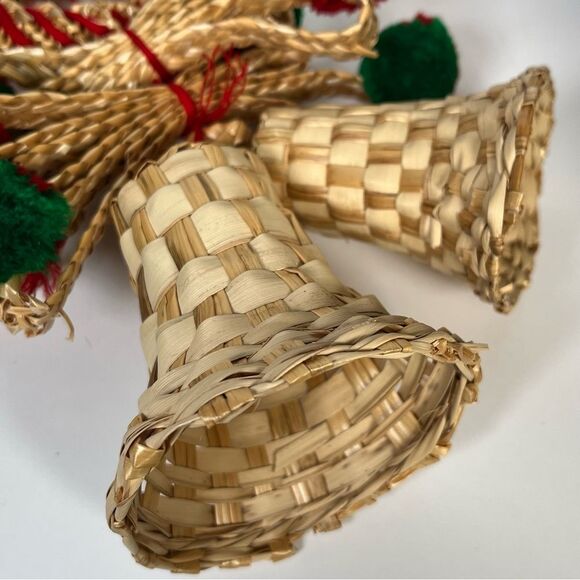 Vintage Straw Rattan Wicker Woven Hanging Basket Bells Christmas Decor Boho MCM - Picture 5 of 12
